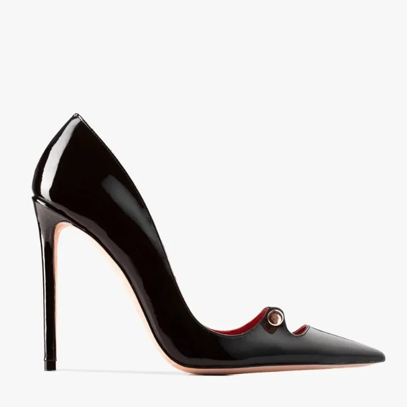 New Pointed Metal Buckle Women High-heeled Shoes European American Fashion Runway Styles Red Black Steel Tube Dance Single Shoes
