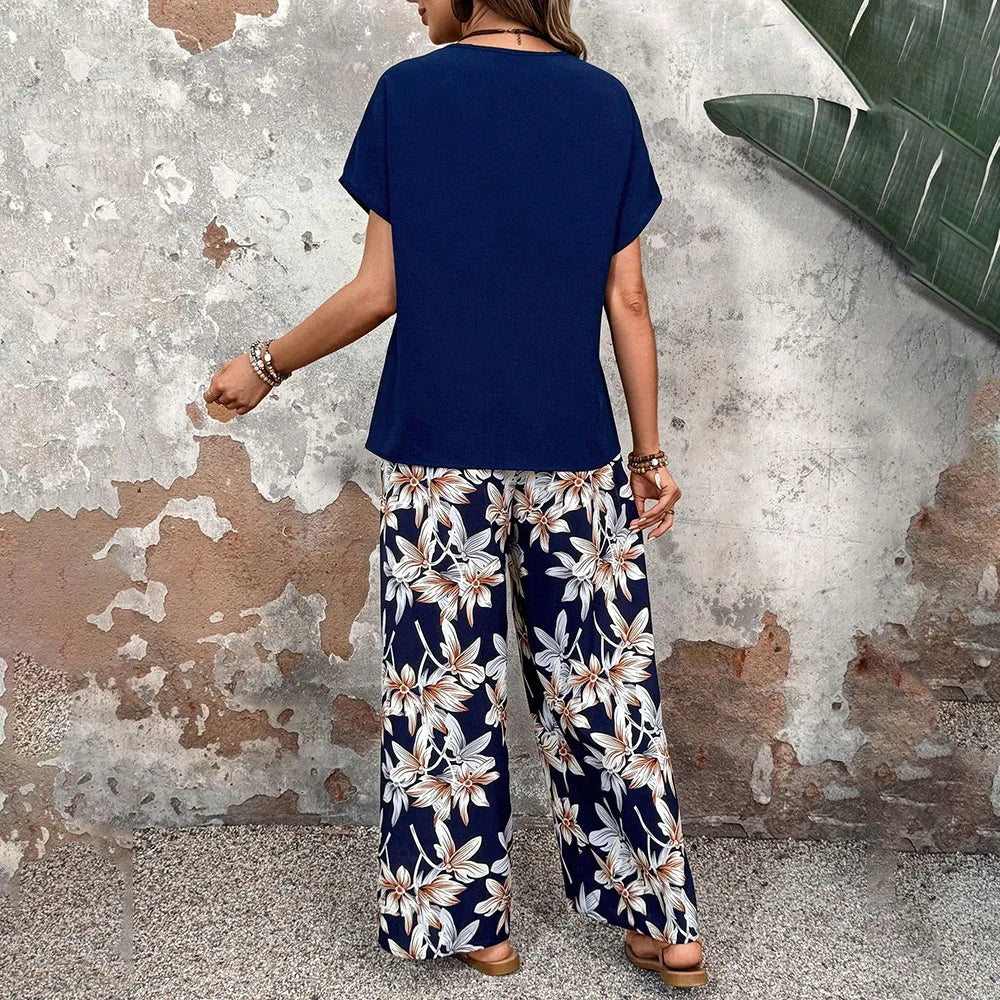 Summer Casual 2 Piece Set Women Outfit 2025 Fashion Loose Pullover Print Round Neck T-shirts And Trousers Pant Sets Suits
