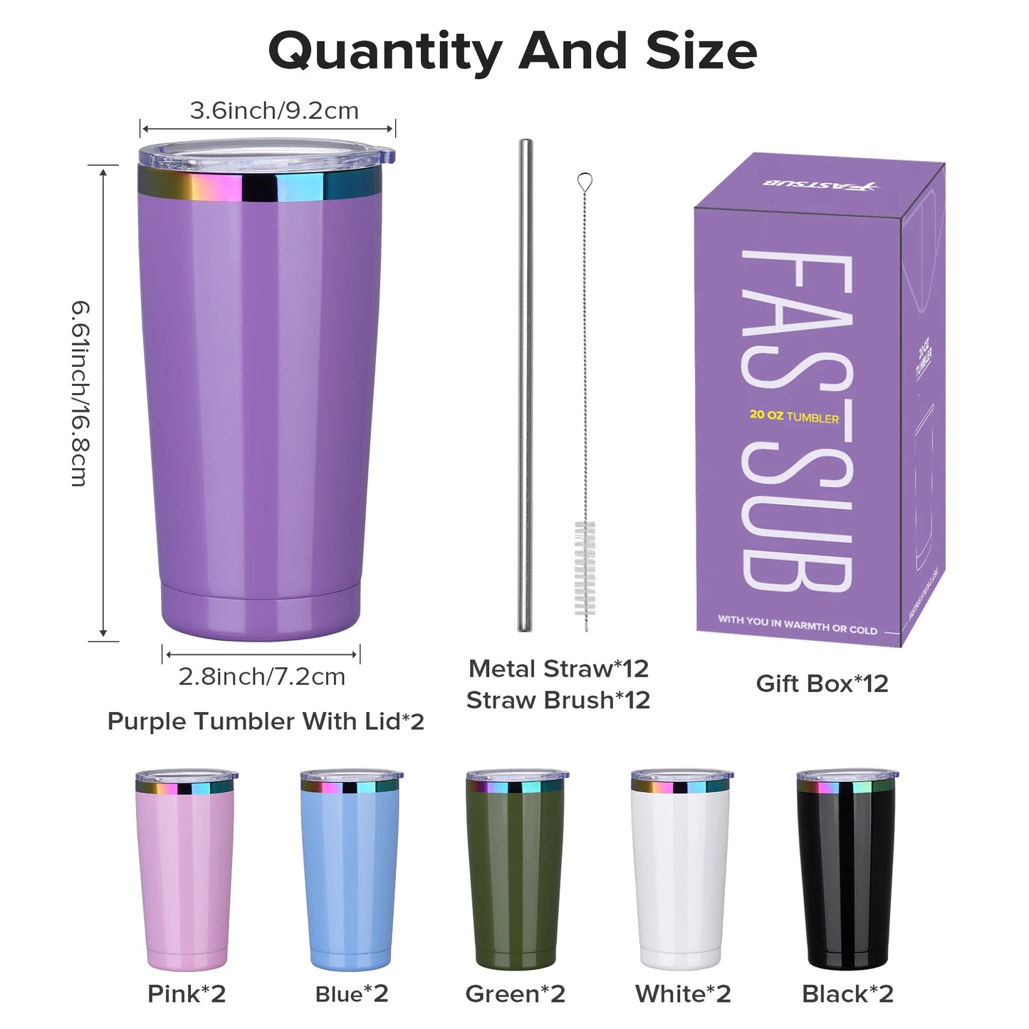FastsubDrinkware 12 Pack Stainless Steel Tumblers Insulated With Lid