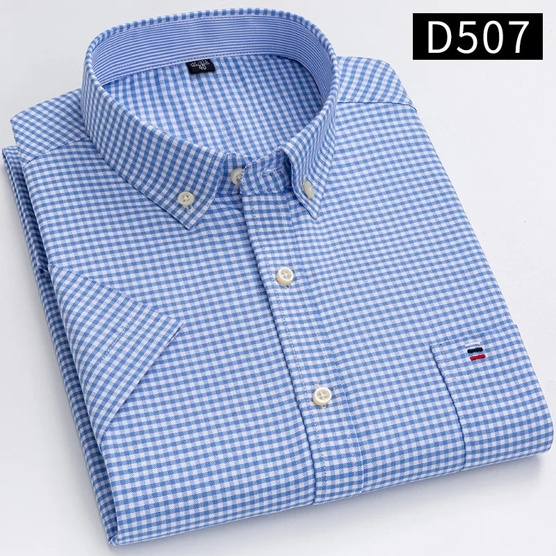 Men's Oxford Short Sleeve Summer Casual Shirts Single Pocket Comfortable Standard-fit Button-down Plaid Striped Cotton Shirt