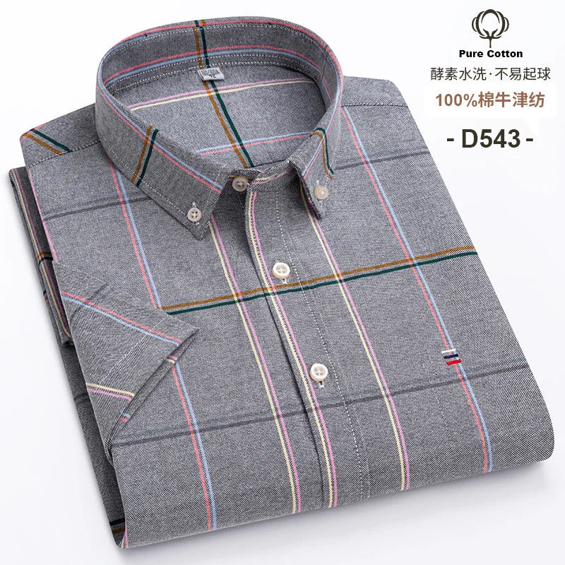 Men's Oxford Short Sleeve Summer Casual Shirts Single Pocket Comfortable Standard-fit Button-down Plaid Striped Cotton Shirt