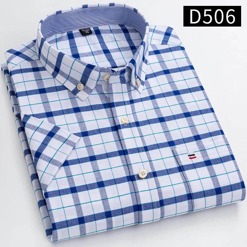 Men's Oxford Short Sleeve Summer Casual Shirts Single Pocket Comfortable Standard-fit Button-down Plaid Striped Cotton Shirt