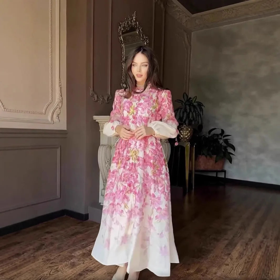 2026 Summer New Design Floral Pink Dress With An Elegant Flower Sea Look Robe Abaya Ramadan Dubai Luxury Islam Elegant