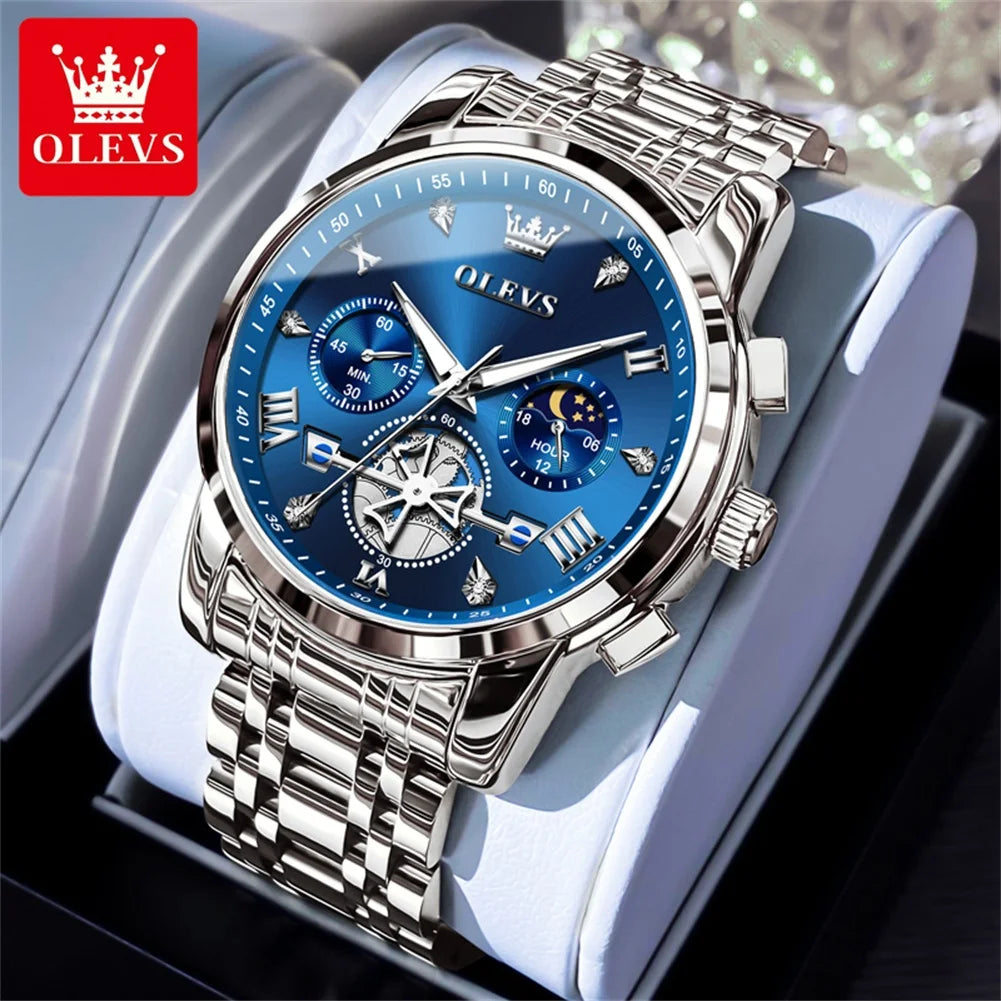 OLEVS Moon Phase Mens Watch Classic Flywheel Waterproof Stainless Steel