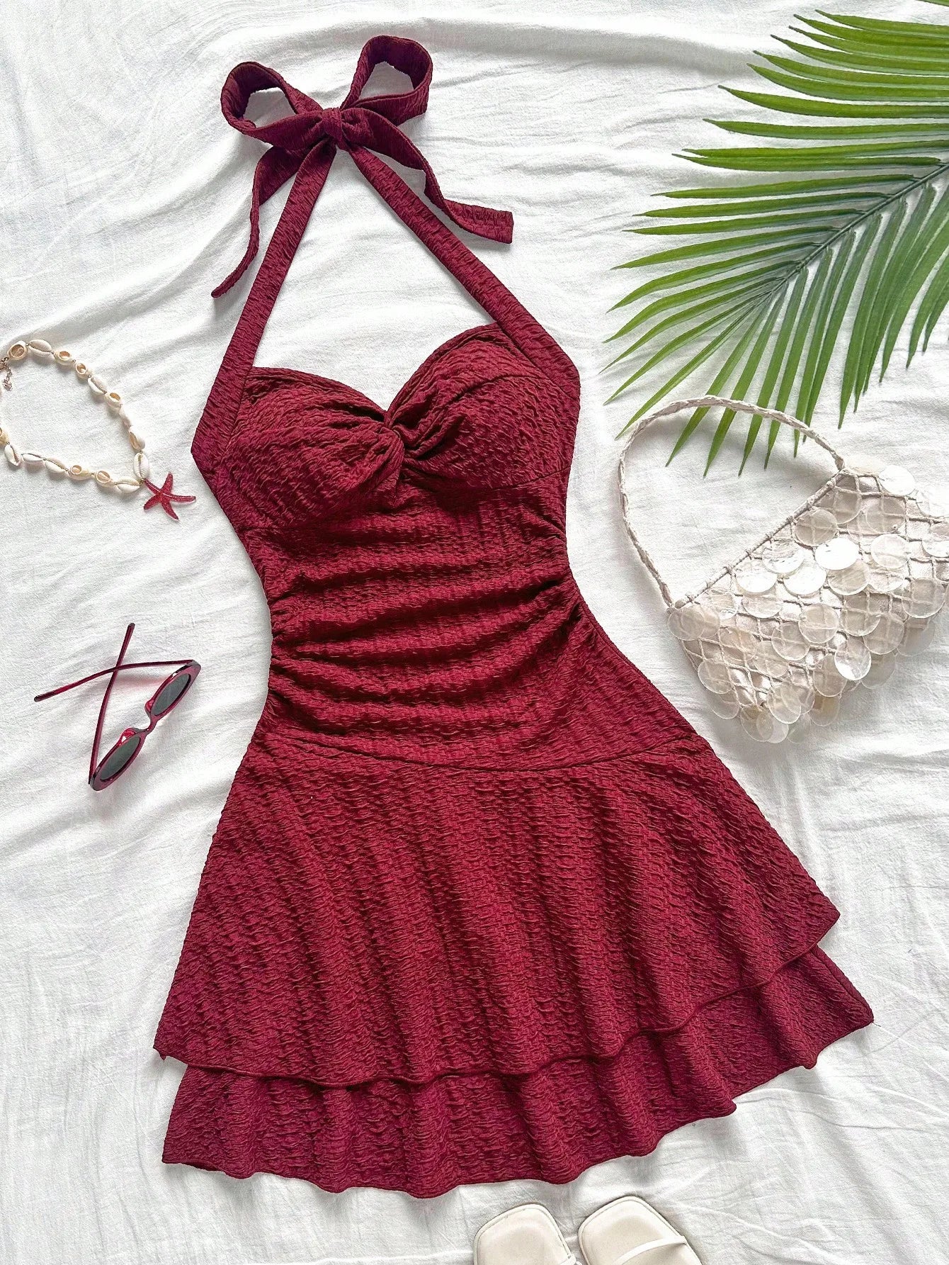 Halter Mini Dress Blue White Floral Print Palm Tree Bohemian Beach Summer Dress
