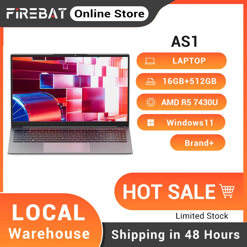 FIREBAT AS1 15.6" Laptop AMD Ryzen5 7430U DDR4 16GB RAM PCIe 512GB SSD 15.6inch FHD 60Hz Screen WiFi6 BT5.2 Windows 11 Computer