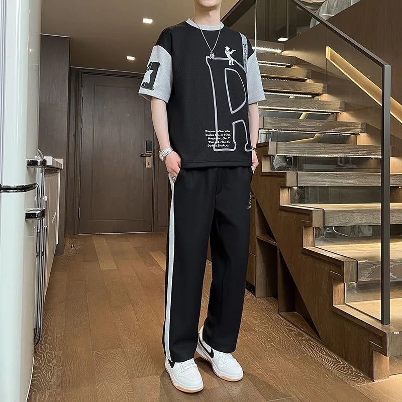 Summer Fashion Trendy Printed Short Sleeve T-Shirt Sports Set Men's Casual Loose Breathable High Quality Plus Size Two-Piece Set