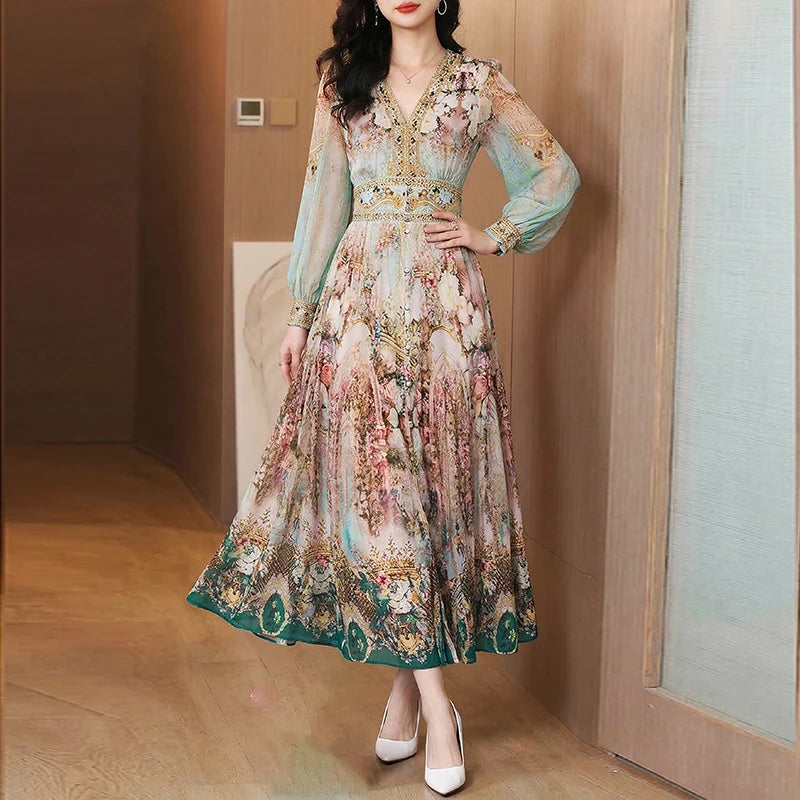 2026 Luxury Silk Casual Midi Dress Summer Women's Vintage Print Elegant Evening Prom Dress Spring Holiday Boho Hepburn Vestidos