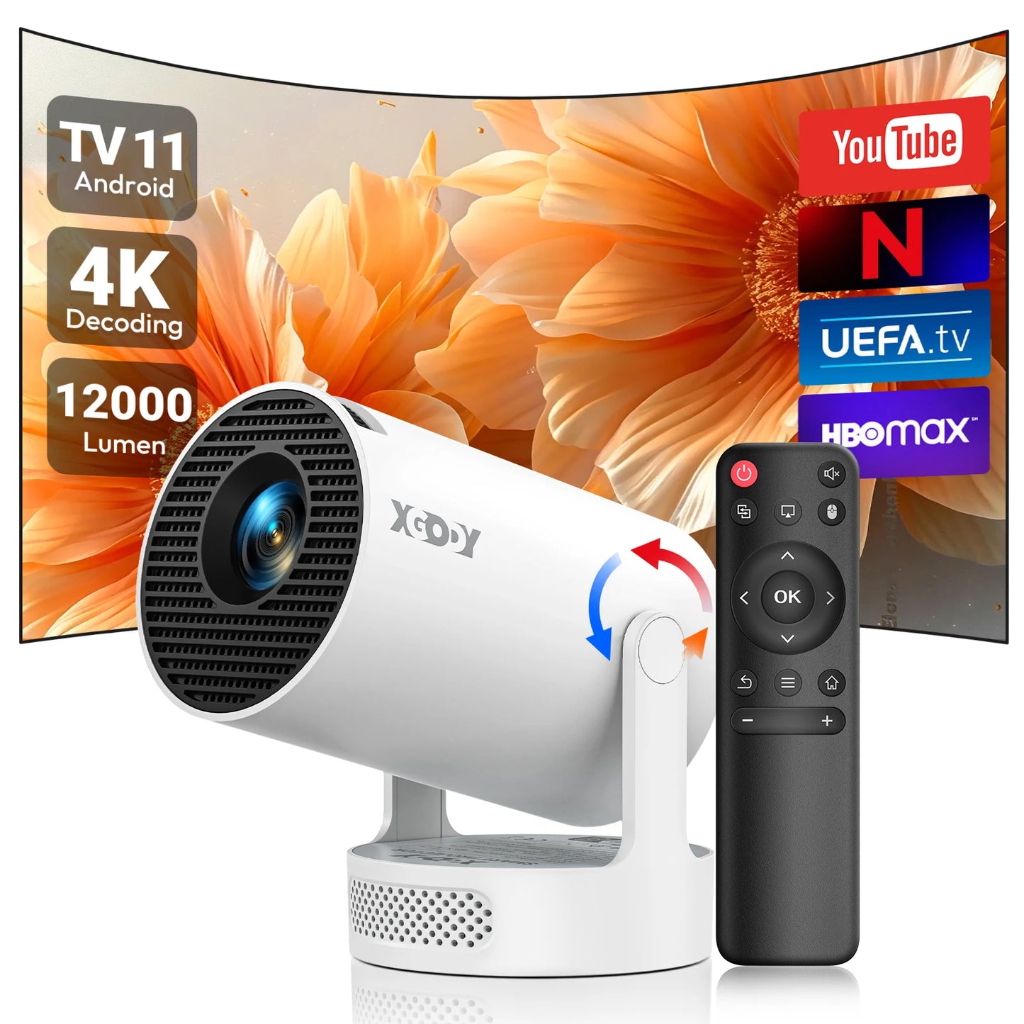 XGODY 4K LED Projector 12000 Lumen WiFi Bluetooth Home Theater